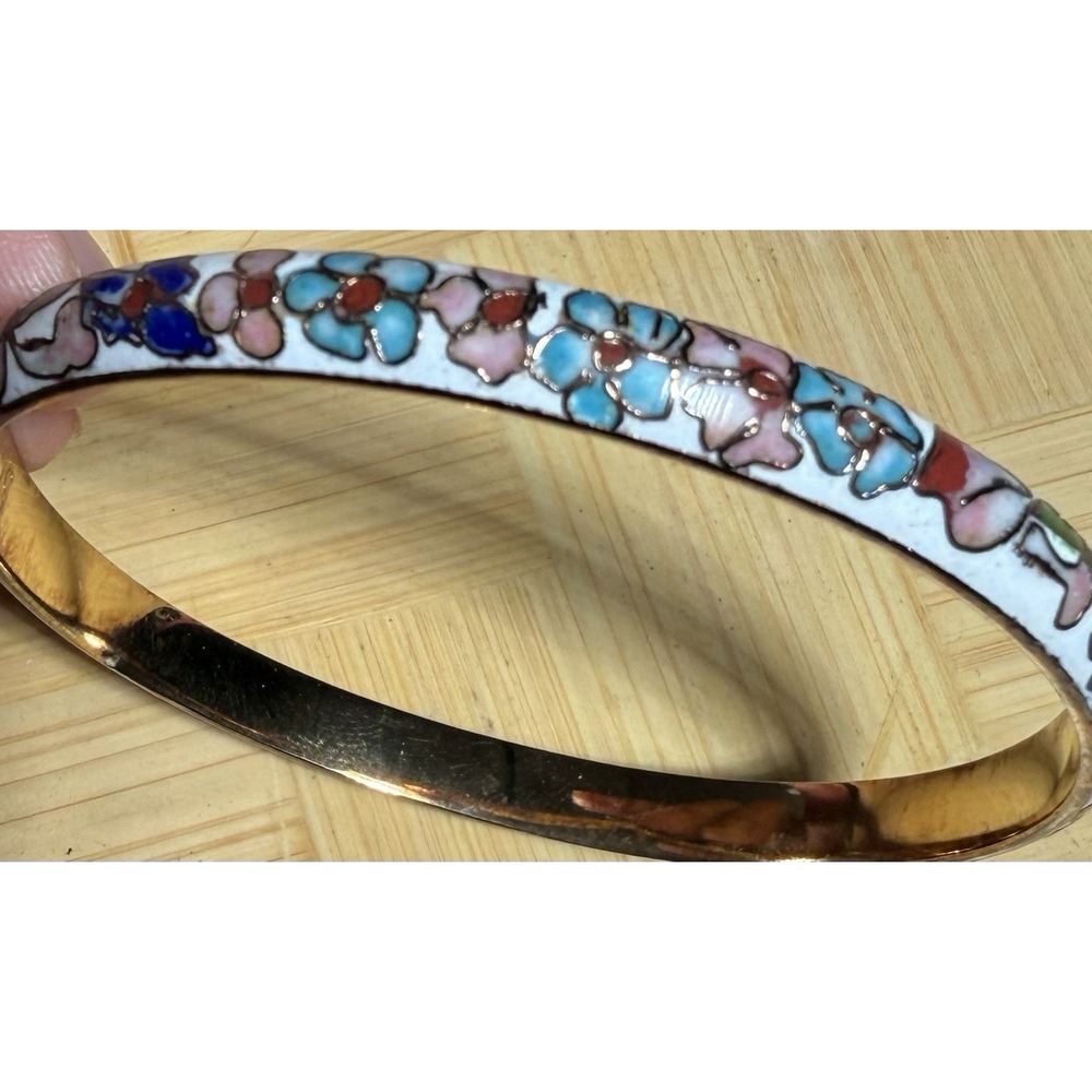 Vintage Cloisonne Enamel Floral Bangle Bracelet White Pink Blue Gold Tone